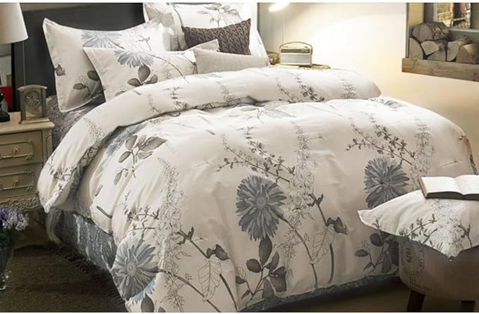 Floral Comforter Set, Botanical Flowers Pattern Printed, 100% Cotton Fabric with Soft Microfiber Inner Fill Beddings