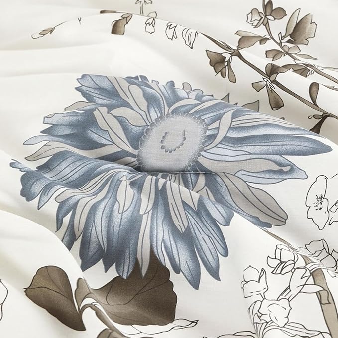 Floral Comforter Set, Botanical Flowers Pattern Printed, 100% Cotton Fabric with Soft Microfiber Inner Fill Beddings