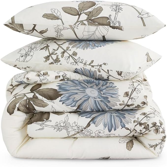 Floral Comforter Set, Botanical Flowers Pattern Printed, 100% Cotton Fabric with Soft Microfiber Inner Fill Beddings
