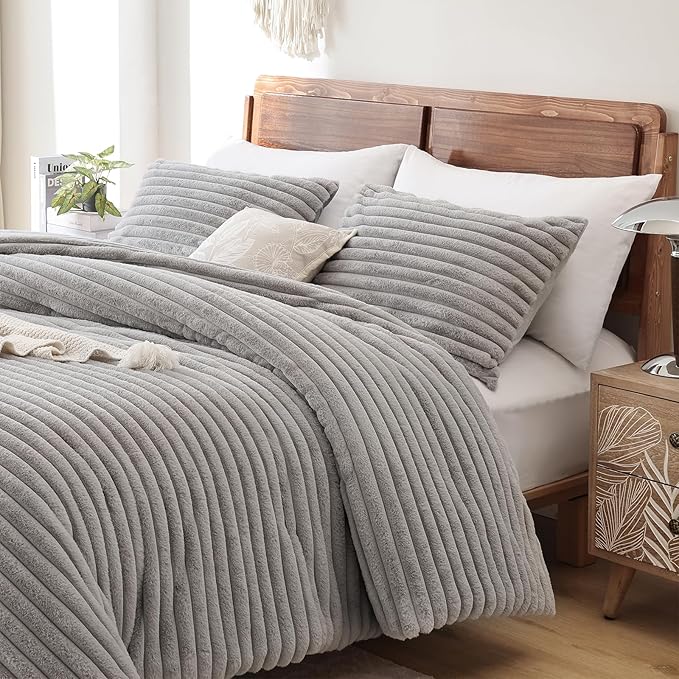 Light Gray Fleece Fluffy Comforter Set 3 Pieces