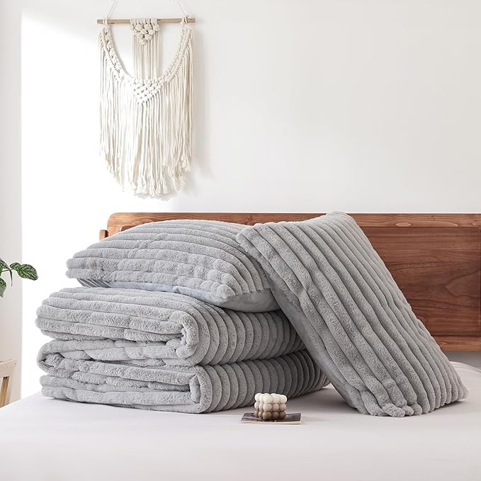 Light Gray Fleece Fluffy Comforter Set 3 Pieces