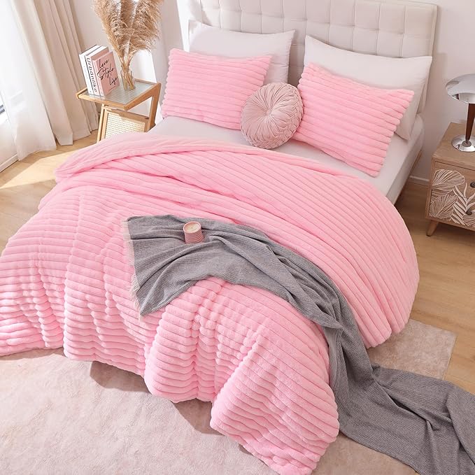 Pink Fleece Fluffy Comforter Set 3 Pieces