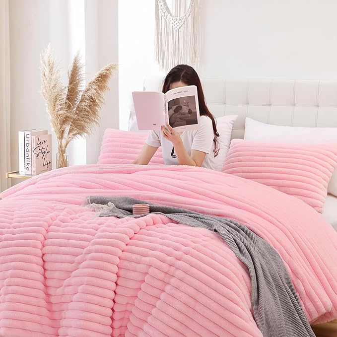 Pink Fleece Fluffy Comforter Set 3 Pieces