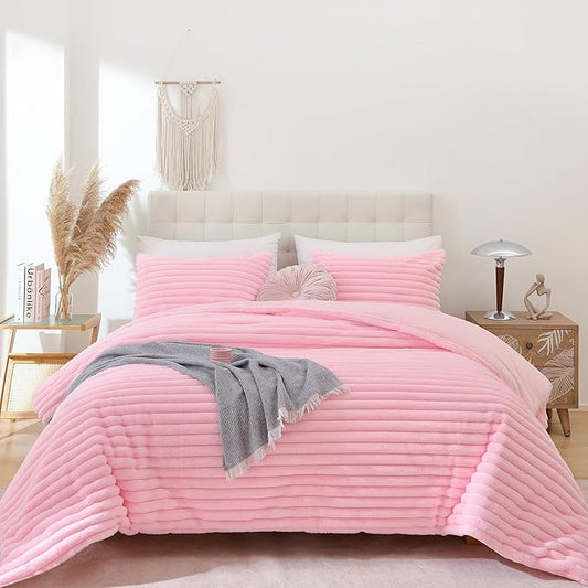 Pink Fleece Fluffy Comforter Set 3 Pieces