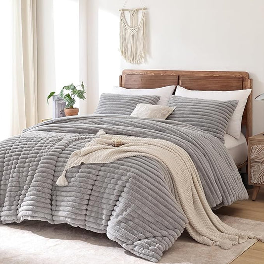 Light Gray Fleece Fluffy Comforter Set 3 Pieces